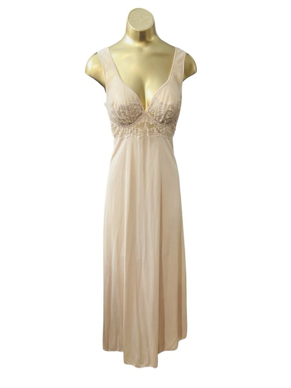 Exquisite Vintage Lydons Nude Nylon Lycra Lace  Nightgown Slipdress - Medium 34